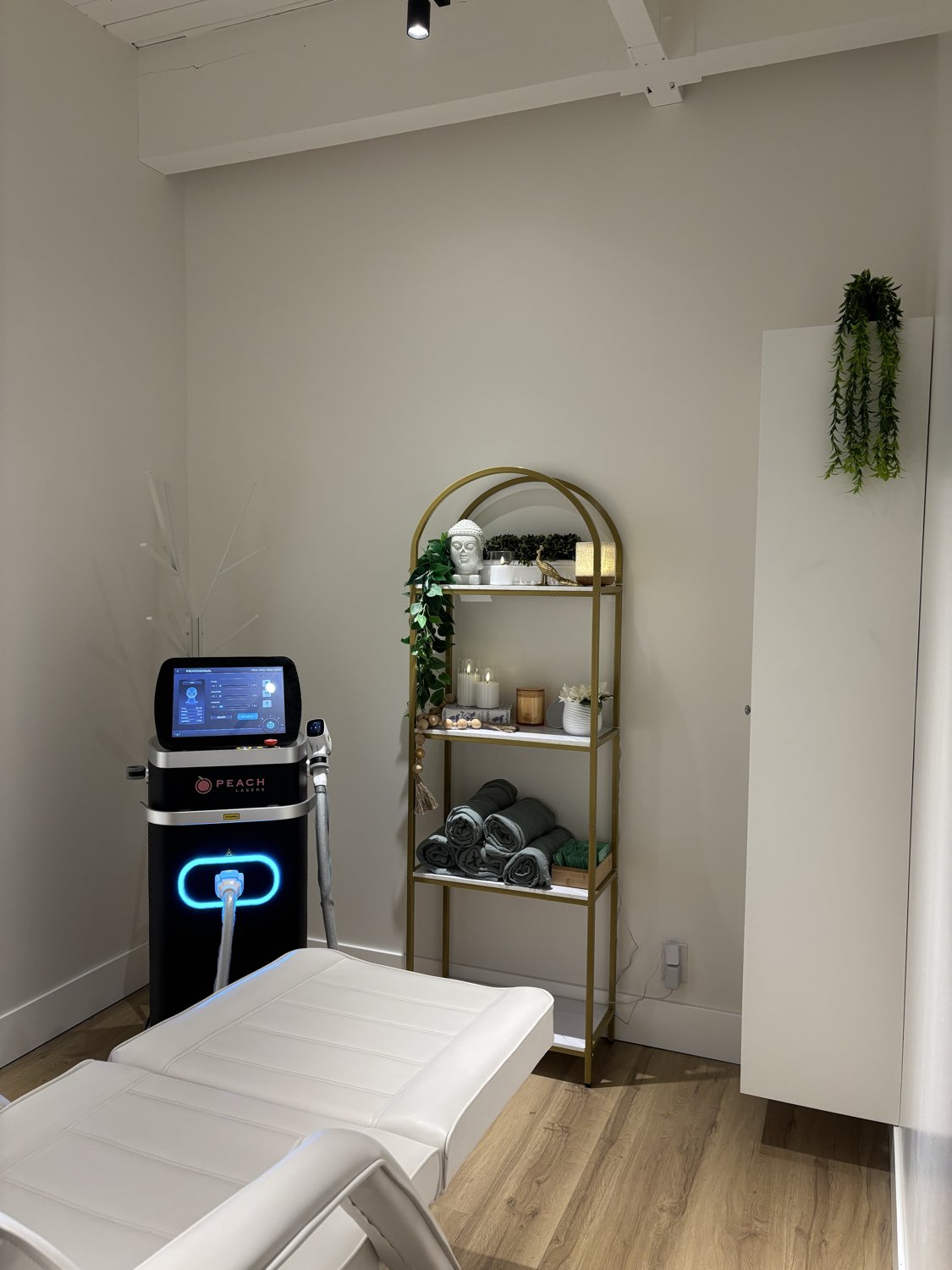 Peach Lasers treatment room with branded 4-wavelength Diode Laser machine